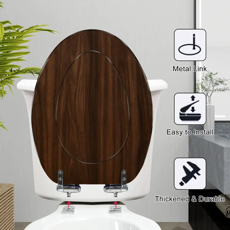 Premium Elongated Resin Toilet Seat With Soft Close Hinges Featuring A Warm Walnut Wood Grain Design That Offers Silent Glide Action And Rock Solid Reliability For Daily Bathroom Use