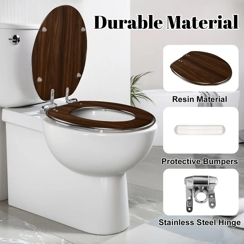 Premium Elongated Resin Toilet Seat With Soft Close Hinges Featuring A Warm Walnut Wood Grain Design That Offers Silent Glide Action And Rock Solid Reliability For Daily Bathroom Use