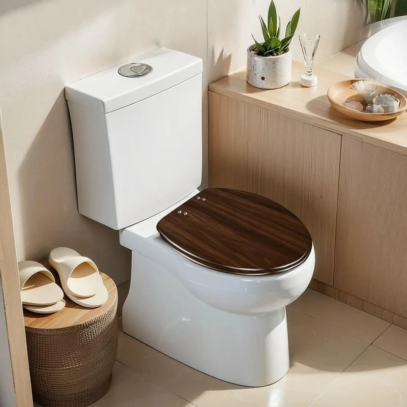Premium Elongated Resin Toilet Seat With Soft Close Hinges Featuring A Warm Walnut Wood Grain Design That Offers Silent Glide Action And Rock Solid Reliability For Daily Bathroom Use