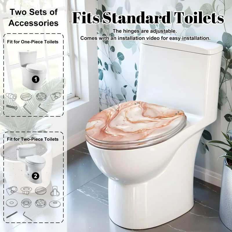 Elongated Soft Close Toilet Seat Featuring Liquid Abstract Marble Print With Subtle Rose Gold Details Durable Resin Frame Makes This Easy Refresh A Major Flex For Your Daily Routine And Silently Smooth All Day Long