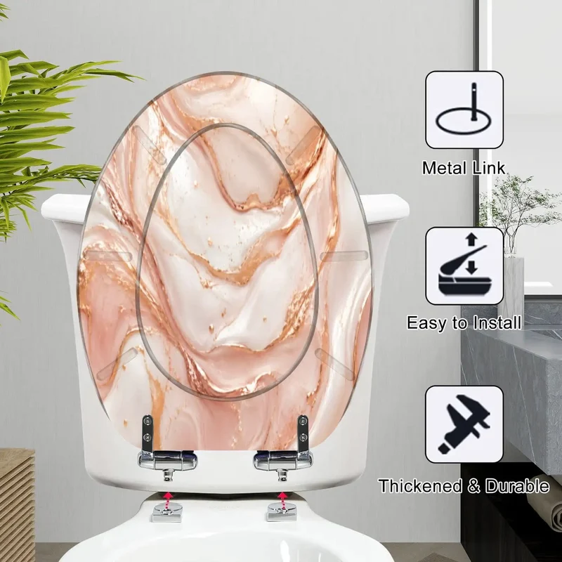 Elongated Soft Close Toilet Seat Featuring Liquid Abstract Marble Print With Subtle Rose Gold Details Durable Resin Frame Makes This Easy Refresh A Major Flex For Your Daily Routine And Silently Smooth All Day Long