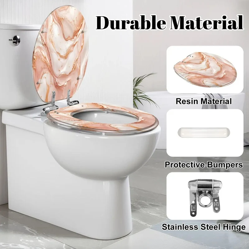 Elongated Soft Close Toilet Seat Featuring Liquid Abstract Marble Print With Subtle Rose Gold Details Durable Resin Frame Makes This Easy Refresh A Major Flex For Your Daily Routine And Silently Smooth All Day Long