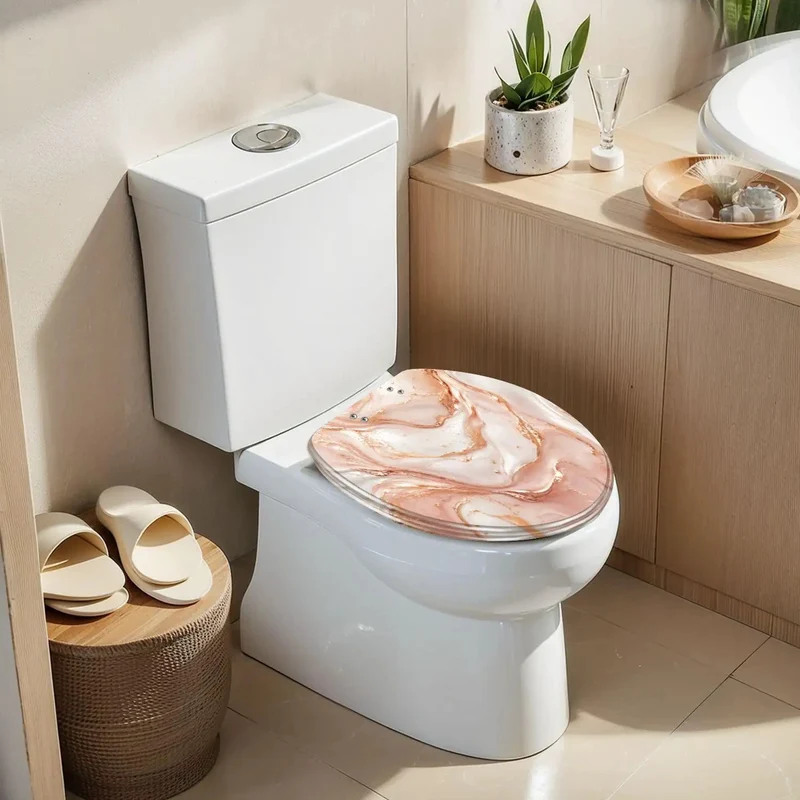Elongated Soft Close Toilet Seat Featuring Liquid Abstract Marble Print With Subtle Rose Gold Details Durable Resin Frame Makes This Easy Refresh A Major Flex For Your Daily Routine And Silently Smooth All Day Long
