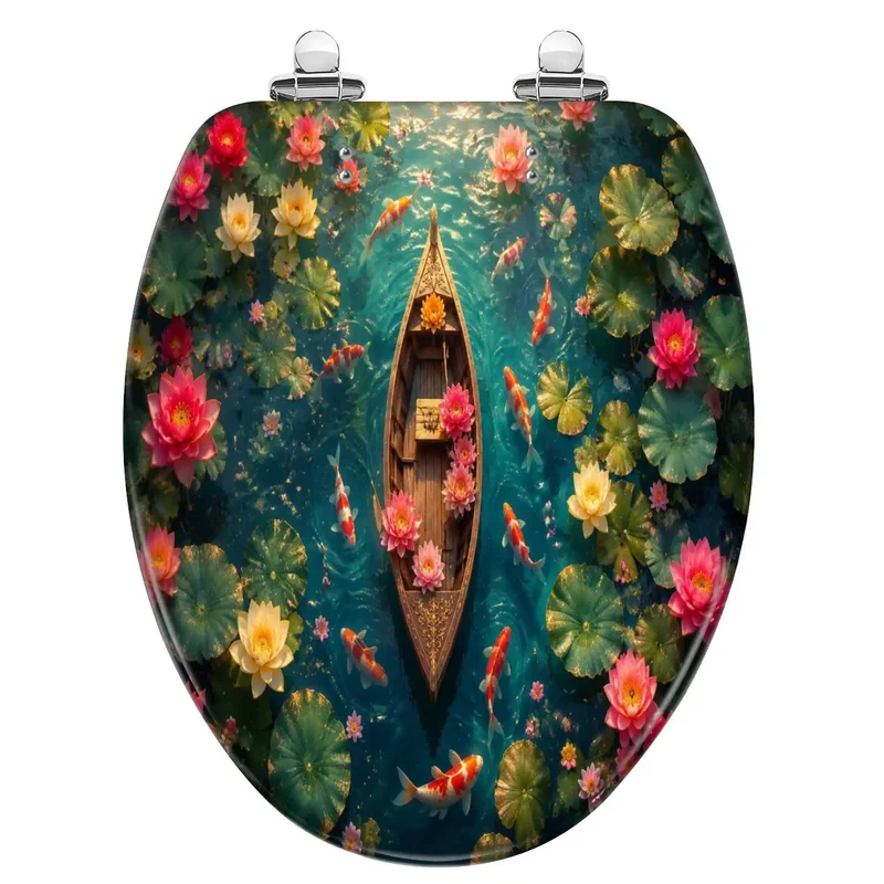 Elongated Resin Soft Close Toilet Seat With Dope Watercolor Boat And Fresh Lotus Prints Heavy Duty Bath Setup Bang For Your Buck Smooth Quiet Drop Top Shelf Home Refresh