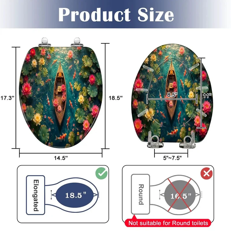 Elongated Resin Soft Close Toilet Seat With Dope Watercolor Boat And Fresh Lotus Prints Heavy Duty Bath Setup Bang For Your Buck Smooth Quiet Drop Top Shelf Home Refresh