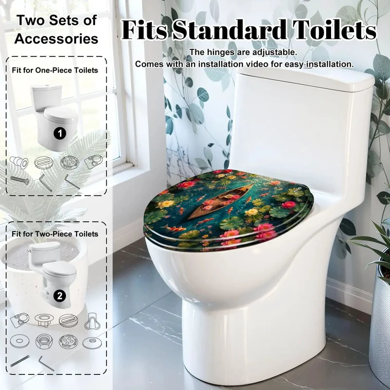 Elongated Resin Soft Close Toilet Seat With Dope Watercolor Boat And Fresh Lotus Prints Heavy Duty Bath Setup Bang For Your Buck Smooth Quiet Drop Top Shelf Home Refresh