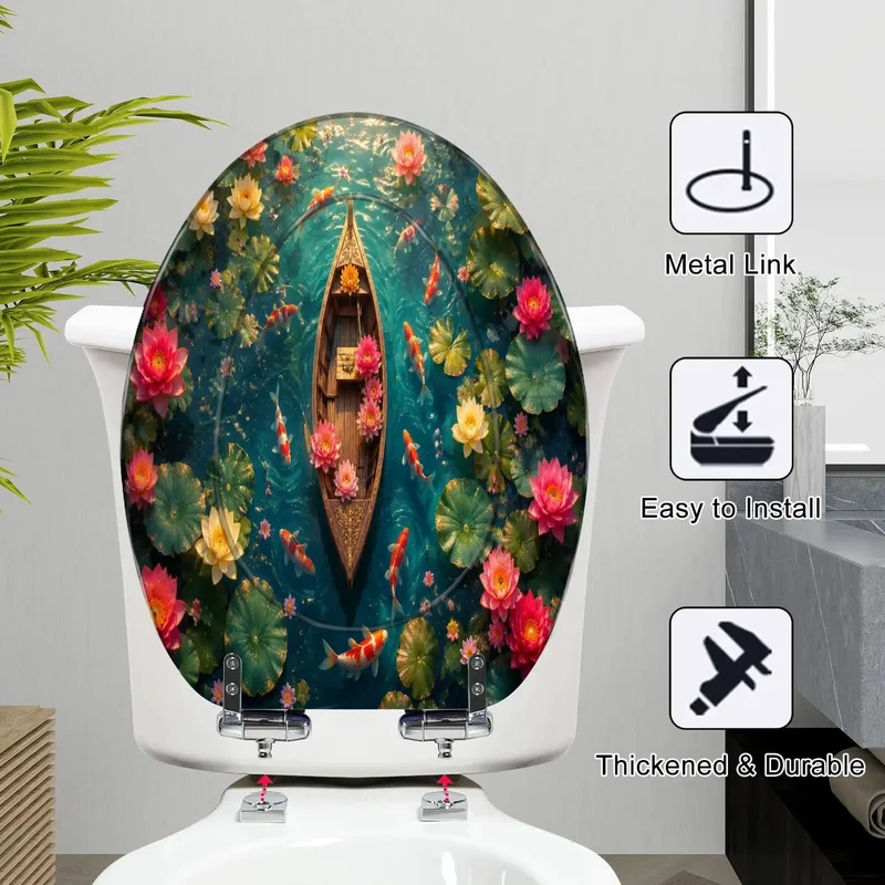 Elongated Resin Soft Close Toilet Seat With Dope Watercolor Boat And Fresh Lotus Prints Heavy Duty Bath Setup Bang For Your Buck Smooth Quiet Drop Top Shelf Home Refresh