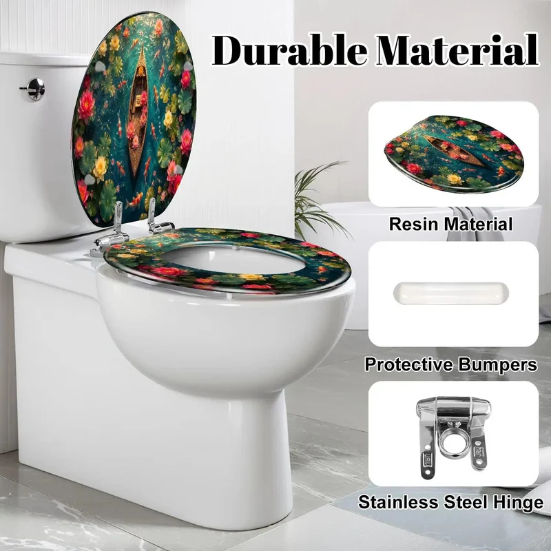 Elongated Resin Soft Close Toilet Seat With Dope Watercolor Boat And Fresh Lotus Prints Heavy Duty Bath Setup Bang For Your Buck Smooth Quiet Drop Top Shelf Home Refresh