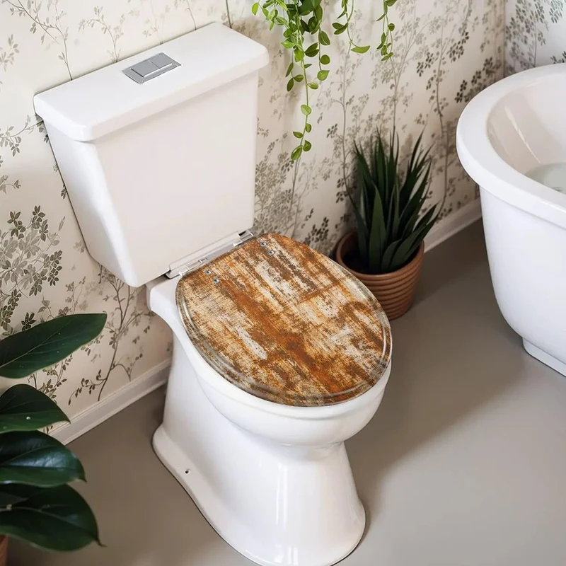 Top Tier Soft Close Round Toilet Seat With A Grungy Rustic Finish Built Tough For Everyday Use Smooth Quiet Action Delivers Straight Up Reliability For Your Bathroom Setup
