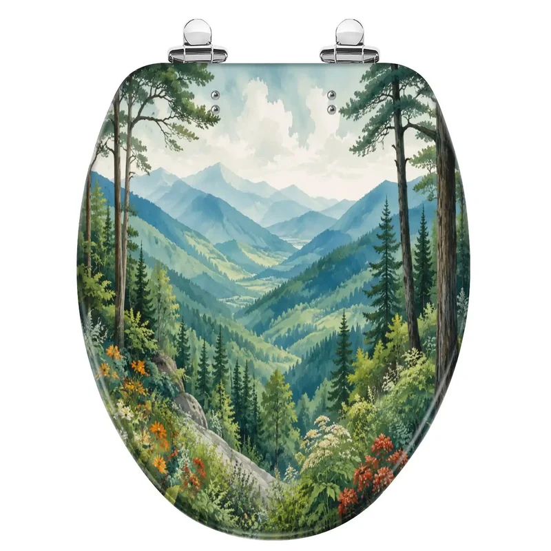 Solid Construction Resin Elongated Toilet Seat With Quiet Soft Close Lid Featuring Dope Mountain Valley Landscapes And Wildflowers For A Top Shelf Bath Upgrade Made For Daily Use And Easy Installation