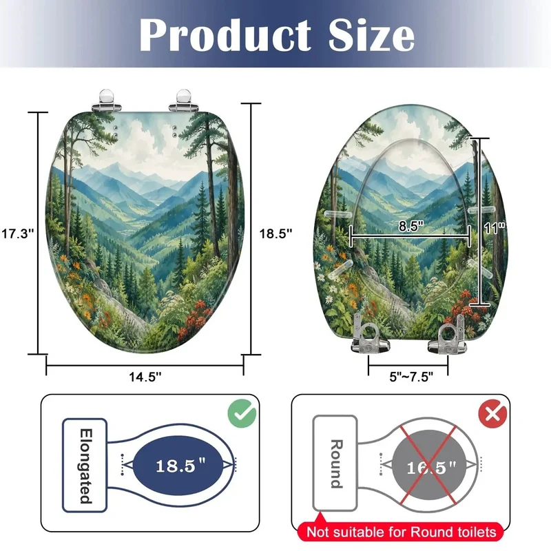 Solid Construction Resin Elongated Toilet Seat With Quiet Soft Close Lid Featuring Dope Mountain Valley Landscapes And Wildflowers For A Top Shelf Bath Upgrade Made For Daily Use And Easy Installation