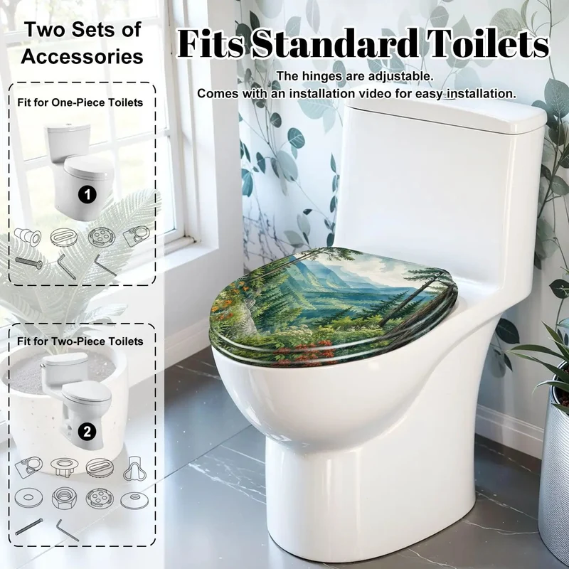 Solid Construction Resin Elongated Toilet Seat With Quiet Soft Close Lid Featuring Dope Mountain Valley Landscapes And Wildflowers For A Top Shelf Bath Upgrade Made For Daily Use And Easy Installation
