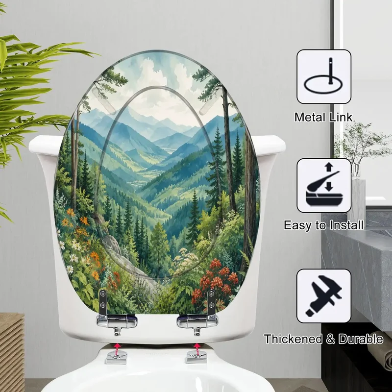 Solid Construction Resin Elongated Toilet Seat With Quiet Soft Close Lid Featuring Dope Mountain Valley Landscapes And Wildflowers For A Top Shelf Bath Upgrade Made For Daily Use And Easy Installation
