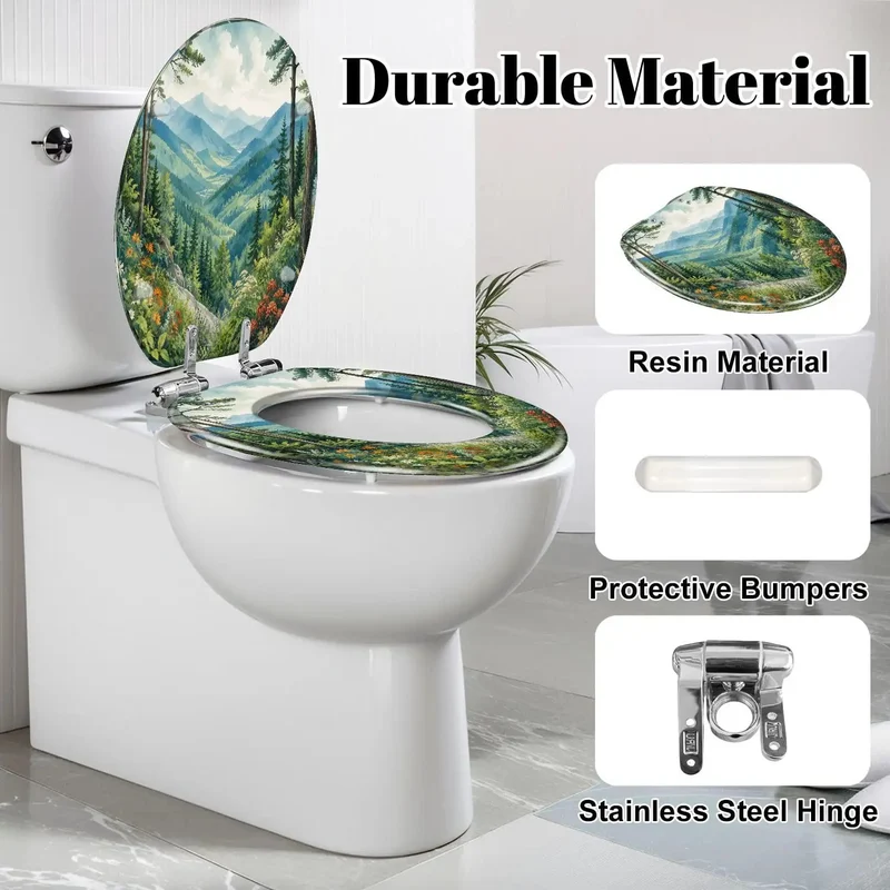 Solid Construction Resin Elongated Toilet Seat With Quiet Soft Close Lid Featuring Dope Mountain Valley Landscapes And Wildflowers For A Top Shelf Bath Upgrade Made For Daily Use And Easy Installation