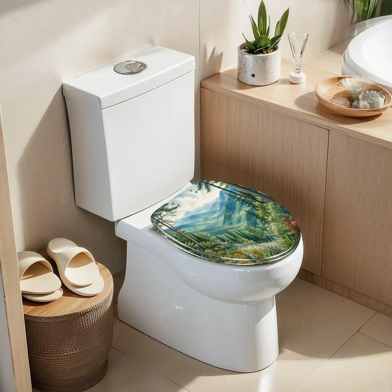 Solid Construction Resin Elongated Toilet Seat With Quiet Soft Close Lid Featuring Dope Mountain Valley Landscapes And Wildflowers For A Top Shelf Bath Upgrade Made For Daily Use And Easy Installation