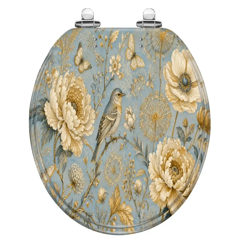 Round Luxury Ornate Gold Print Toilet Seat With Quiet Soft Close Lids And Heavy Duty Resin Construction Providing Top Shelf Stability For A Quick Bath Glow Up