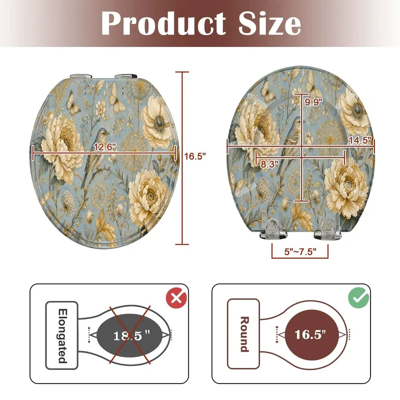 Round Luxury Ornate Gold Print Toilet Seat With Quiet Soft Close Lids And Heavy Duty Resin Construction Providing Top Shelf Stability For A Quick Bath Glow Up