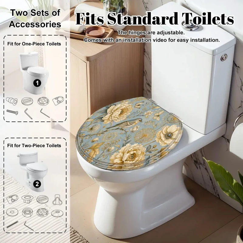 Round Luxury Ornate Gold Print Toilet Seat With Quiet Soft Close Lids And Heavy Duty Resin Construction Providing Top Shelf Stability For A Quick Bath Glow Up