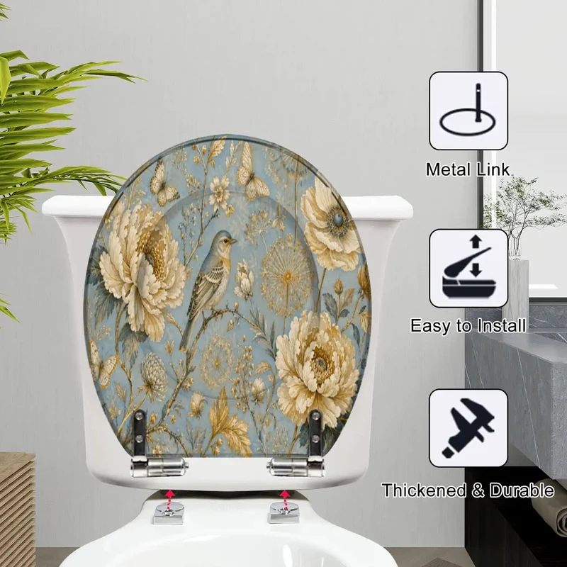 Round Luxury Ornate Gold Print Toilet Seat With Quiet Soft Close Lids And Heavy Duty Resin Construction Providing Top Shelf Stability For A Quick Bath Glow Up