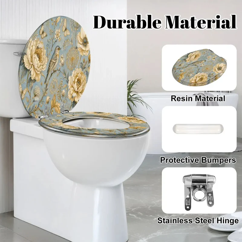 Round Luxury Ornate Gold Print Toilet Seat With Quiet Soft Close Lids And Heavy Duty Resin Construction Providing Top Shelf Stability For A Quick Bath Glow Up