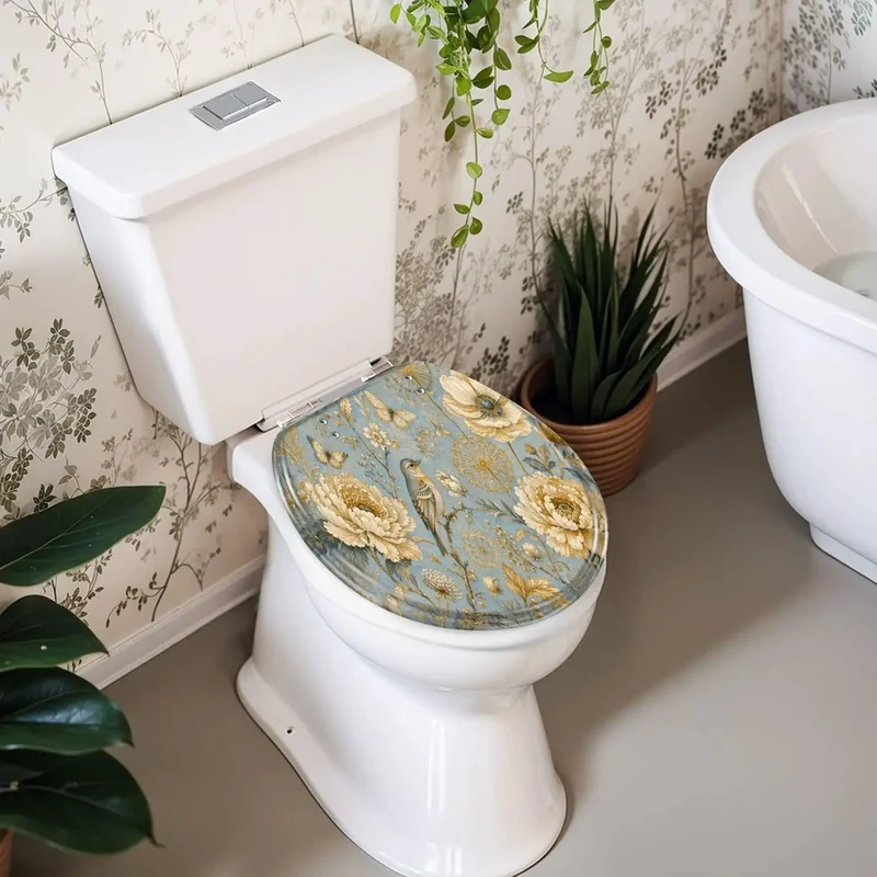 Round Luxury Ornate Gold Print Toilet Seat With Quiet Soft Close Lids And Heavy Duty Resin Construction Providing Top Shelf Stability For A Quick Bath Glow Up