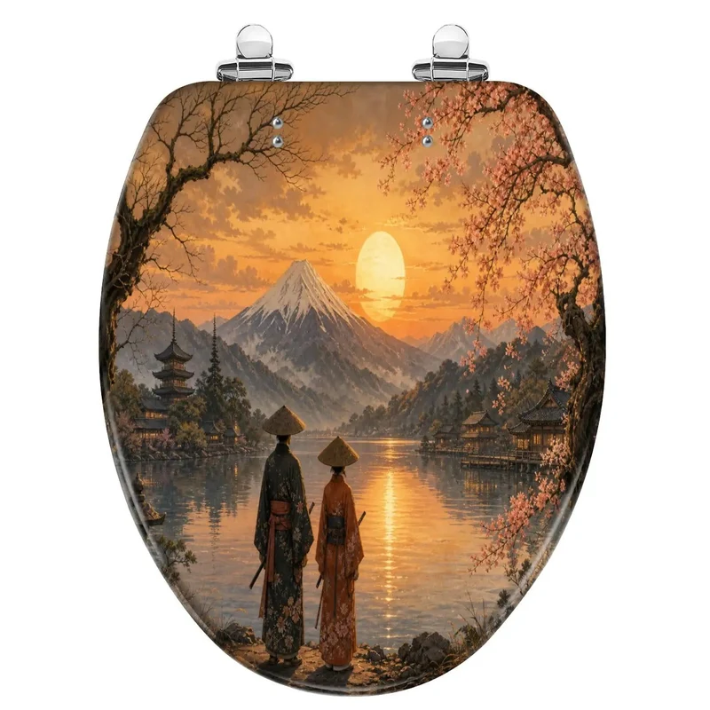 Heavy Duty Rock Solid Elongated Cherry Blossom Sunset Traditional Toilet Seat With Quick Release Slick Cover And Super Smooth Soft Close Hinges For Zero Stress Upgrades