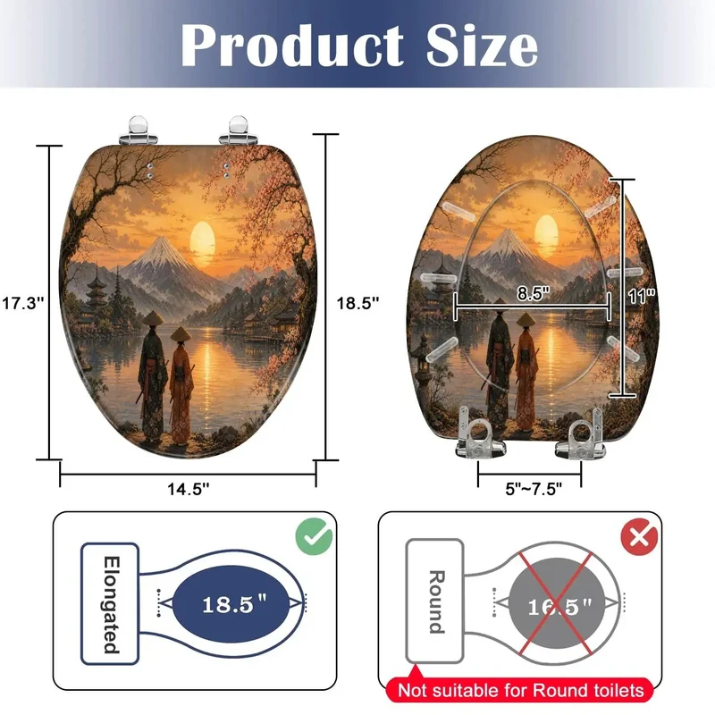 Heavy Duty Rock Solid Elongated Cherry Blossom Sunset Traditional Toilet Seat With Quick Release Slick Cover And Super Smooth Soft Close Hinges For Zero Stress Upgrades