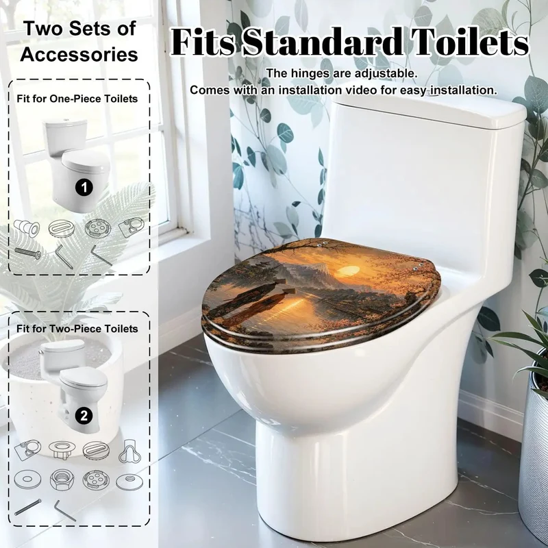 Heavy Duty Rock Solid Elongated Cherry Blossom Sunset Traditional Toilet Seat With Quick Release Slick Cover And Super Smooth Soft Close Hinges For Zero Stress Upgrades