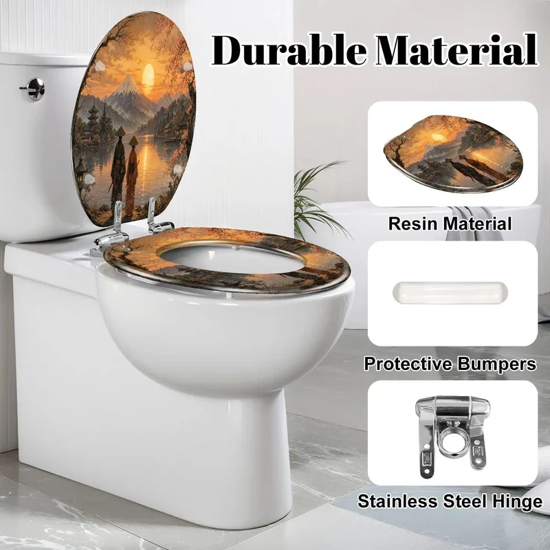 Heavy Duty Rock Solid Elongated Cherry Blossom Sunset Traditional Toilet Seat With Quick Release Slick Cover And Super Smooth Soft Close Hinges For Zero Stress Upgrades