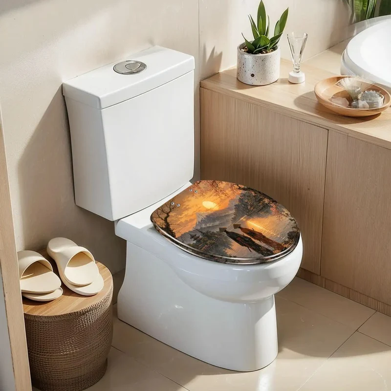 Heavy Duty Rock Solid Elongated Cherry Blossom Sunset Traditional Toilet Seat With Quick Release Slick Cover And Super Smooth Soft Close Hinges For Zero Stress Upgrades