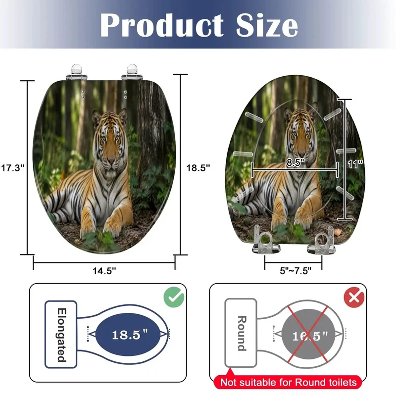 Upgrade Your Bath Routine With This Elongated Toilet Seat Featuring A Smooth Soft Close Lid And Dang Solid Resin Build Ready For Daily Wear Boasting A Bold Tiger Portrait Pattern That Holds Up Against Rough Life Without Skipping A Beat