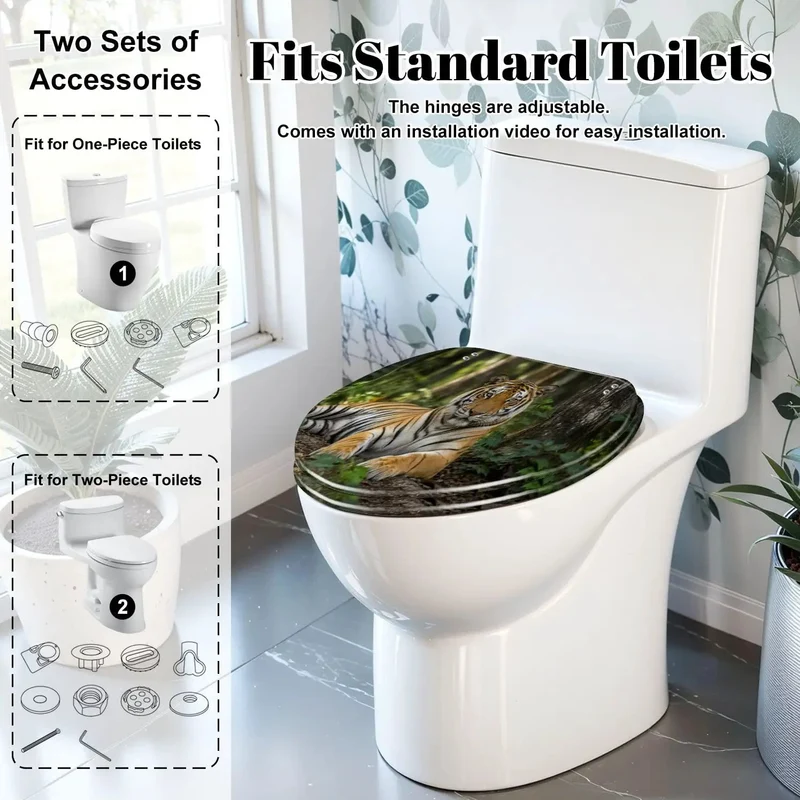 Upgrade Your Bath Routine With This Elongated Toilet Seat Featuring A Smooth Soft Close Lid And Dang Solid Resin Build Ready For Daily Wear Boasting A Bold Tiger Portrait Pattern That Holds Up Against Rough Life Without Skipping A Beat