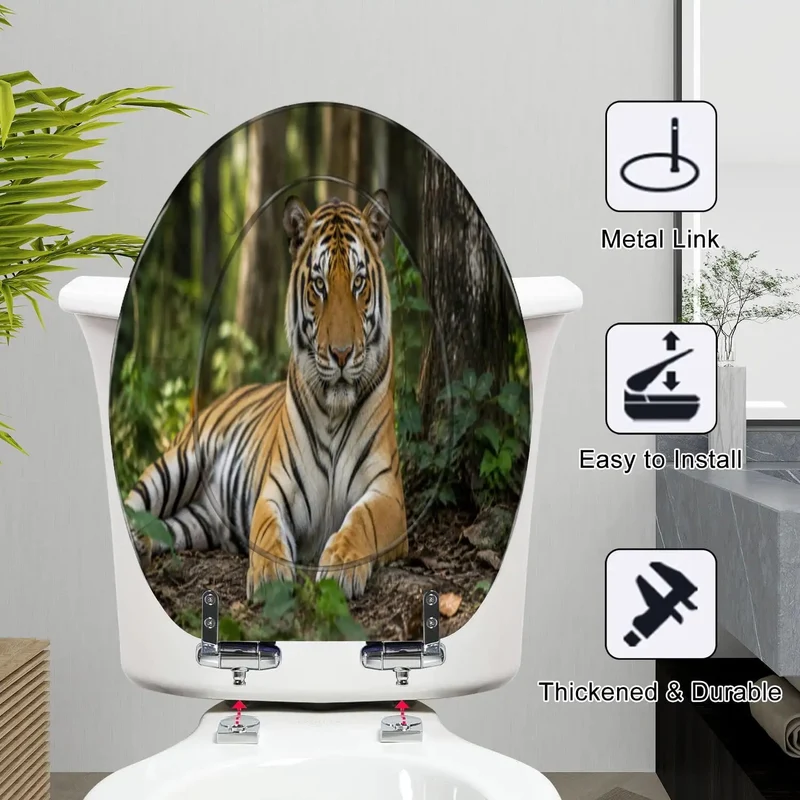 Upgrade Your Bath Routine With This Elongated Toilet Seat Featuring A Smooth Soft Close Lid And Dang Solid Resin Build Ready For Daily Wear Boasting A Bold Tiger Portrait Pattern That Holds Up Against Rough Life Without Skipping A Beat