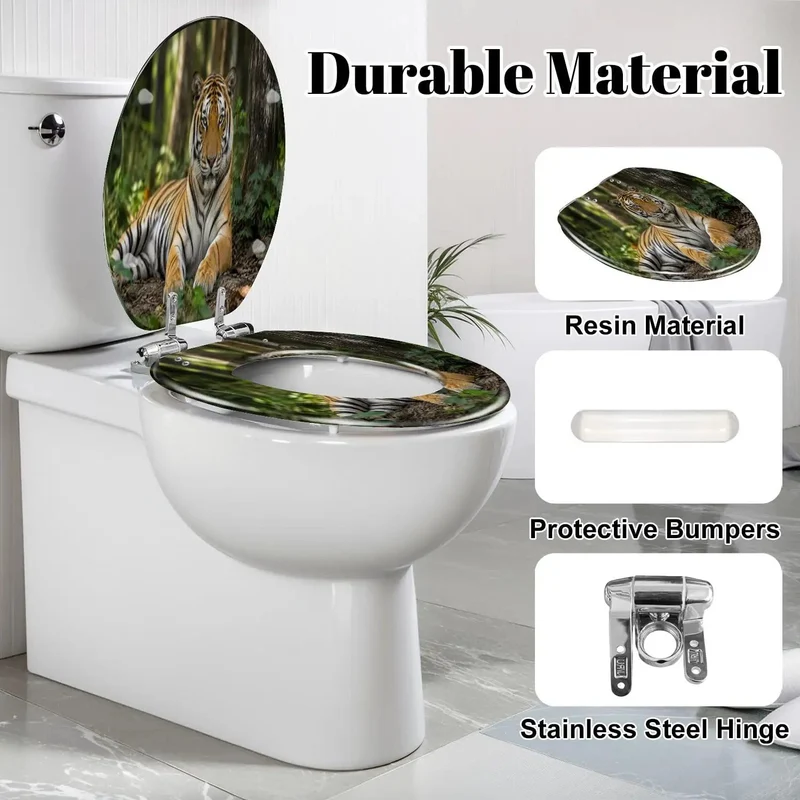 Upgrade Your Bath Routine With This Elongated Toilet Seat Featuring A Smooth Soft Close Lid And Dang Solid Resin Build Ready For Daily Wear Boasting A Bold Tiger Portrait Pattern That Holds Up Against Rough Life Without Skipping A Beat