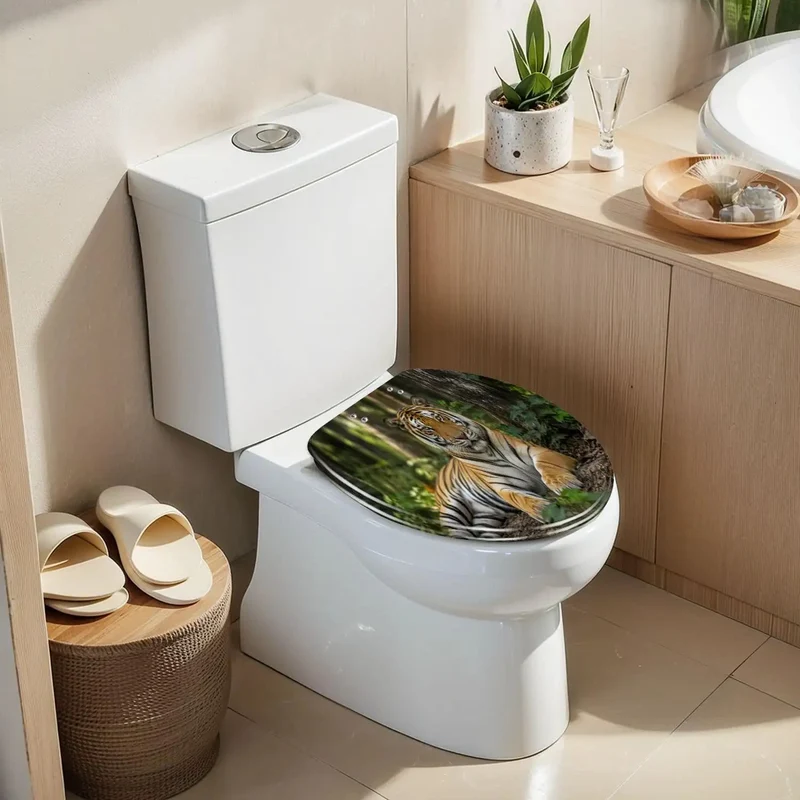 Upgrade Your Bath Routine With This Elongated Toilet Seat Featuring A Smooth Soft Close Lid And Dang Solid Resin Build Ready For Daily Wear Boasting A Bold Tiger Portrait Pattern That Holds Up Against Rough Life Without Skipping A Beat
