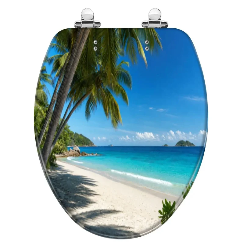 Premium Heavy Duty Resin Elongated Toilet Seat With Quiet Soft Close Lids And Slick Tropical Palm Beach Graphics For A Quick No Hassle Bathroom Upgrade
