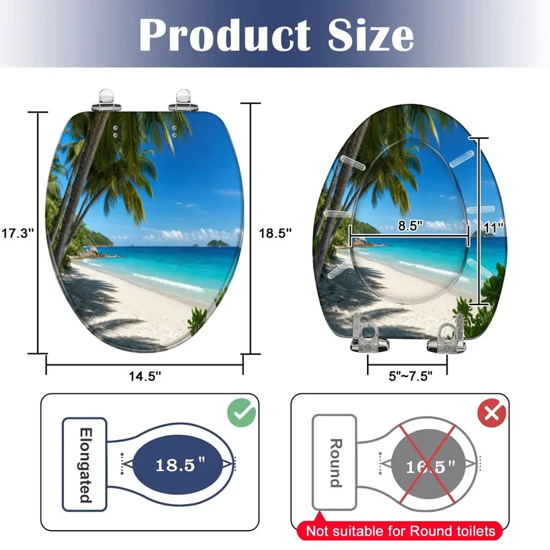 Premium Heavy Duty Resin Elongated Toilet Seat With Quiet Soft Close Lids And Slick Tropical Palm Beach Graphics For A Quick No Hassle Bathroom Upgrade
