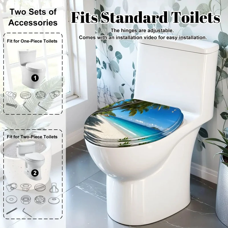 Premium Heavy Duty Resin Elongated Toilet Seat With Quiet Soft Close Lids And Slick Tropical Palm Beach Graphics For A Quick No Hassle Bathroom Upgrade