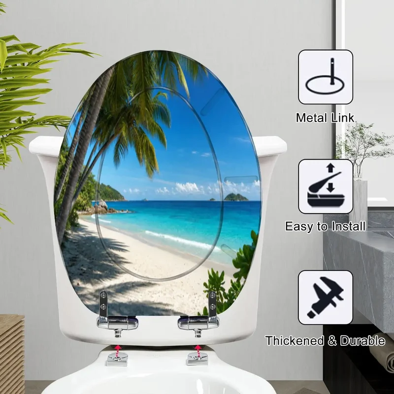 Premium Heavy Duty Resin Elongated Toilet Seat With Quiet Soft Close Lids And Slick Tropical Palm Beach Graphics For A Quick No Hassle Bathroom Upgrade