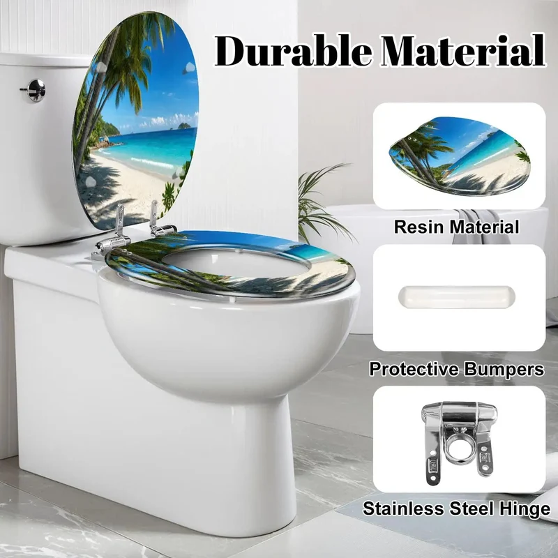 Premium Heavy Duty Resin Elongated Toilet Seat With Quiet Soft Close Lids And Slick Tropical Palm Beach Graphics For A Quick No Hassle Bathroom Upgrade