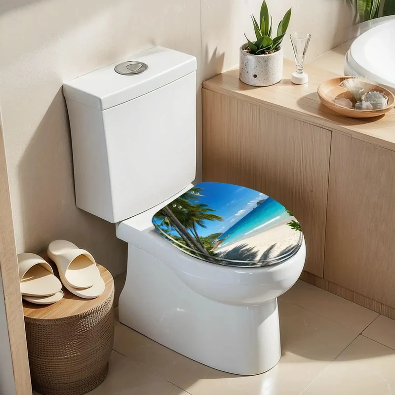Premium Heavy Duty Resin Elongated Toilet Seat With Quiet Soft Close Lids And Slick Tropical Palm Beach Graphics For A Quick No Hassle Bathroom Upgrade