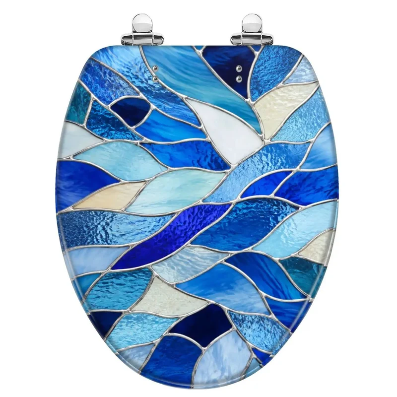Solid Blue Stained Glass Abstract Mosaics Soft Close Resin Bathroom Fixture Quiet Drop Heavy Duty Elongated Toilet Seat A Total Game Changer For Modern Home Bathrooms