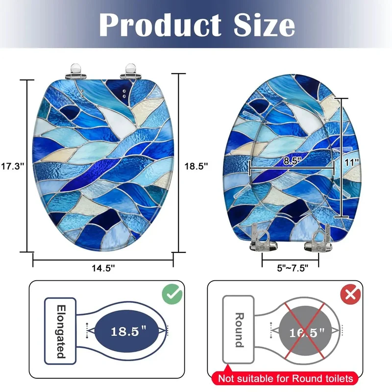 Solid Blue Stained Glass Abstract Mosaics Soft Close Resin Bathroom Fixture Quiet Drop Heavy Duty Elongated Toilet Seat A Total Game Changer For Modern Home Bathrooms