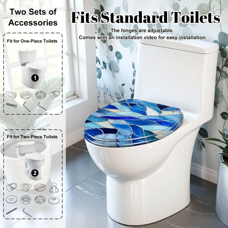 Solid Blue Stained Glass Abstract Mosaics Soft Close Resin Bathroom Fixture Quiet Drop Heavy Duty Elongated Toilet Seat A Total Game Changer For Modern Home Bathrooms