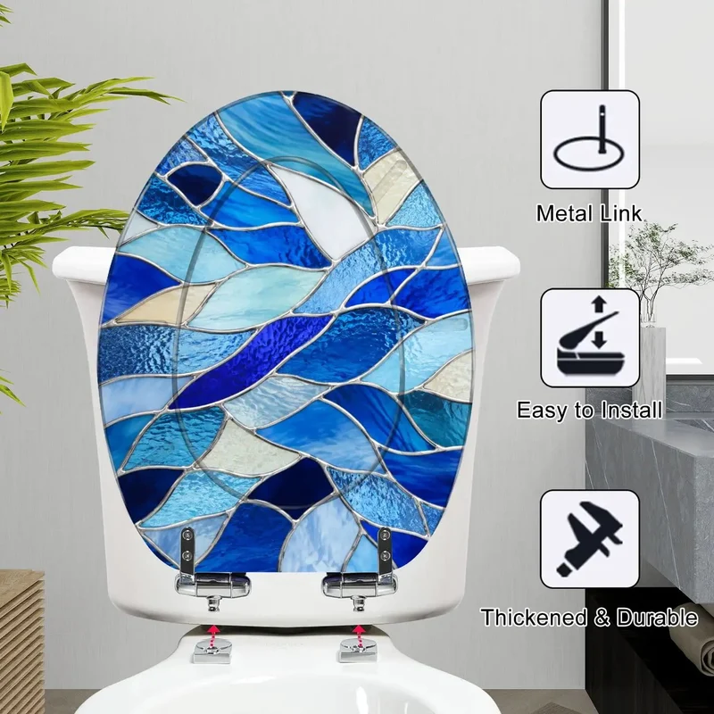 Solid Blue Stained Glass Abstract Mosaics Soft Close Resin Bathroom Fixture Quiet Drop Heavy Duty Elongated Toilet Seat A Total Game Changer For Modern Home Bathrooms