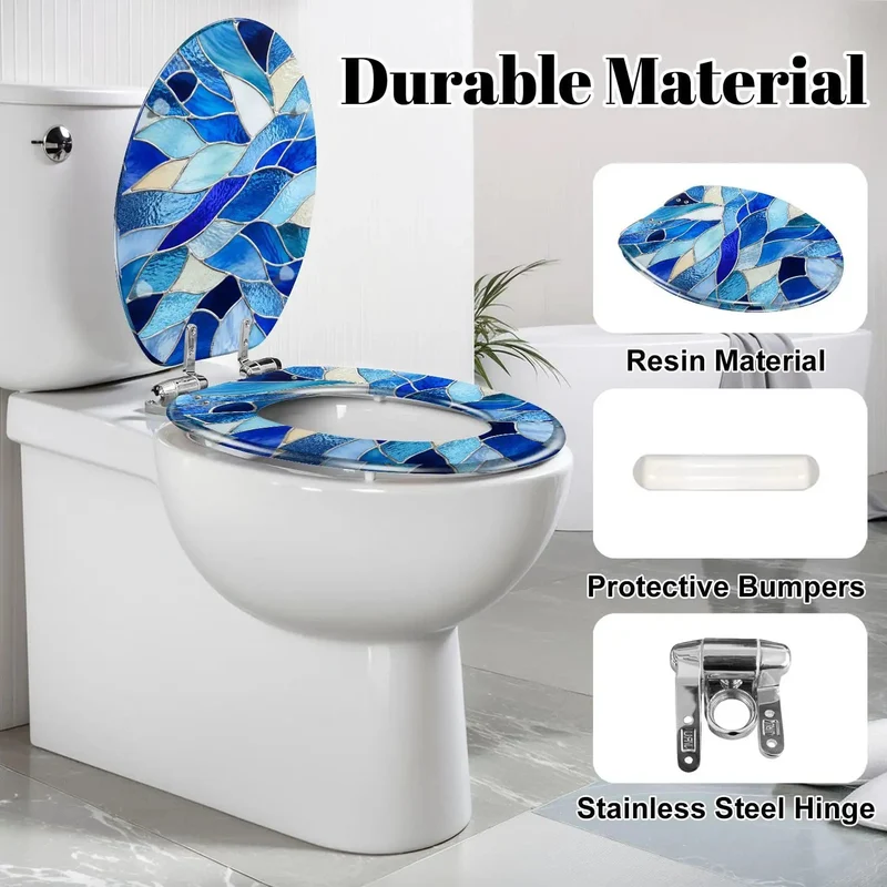 Solid Blue Stained Glass Abstract Mosaics Soft Close Resin Bathroom Fixture Quiet Drop Heavy Duty Elongated Toilet Seat A Total Game Changer For Modern Home Bathrooms