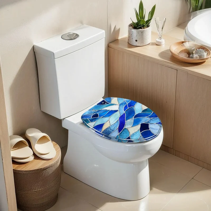 Solid Blue Stained Glass Abstract Mosaics Soft Close Resin Bathroom Fixture Quiet Drop Heavy Duty Elongated Toilet Seat A Total Game Changer For Modern Home Bathrooms