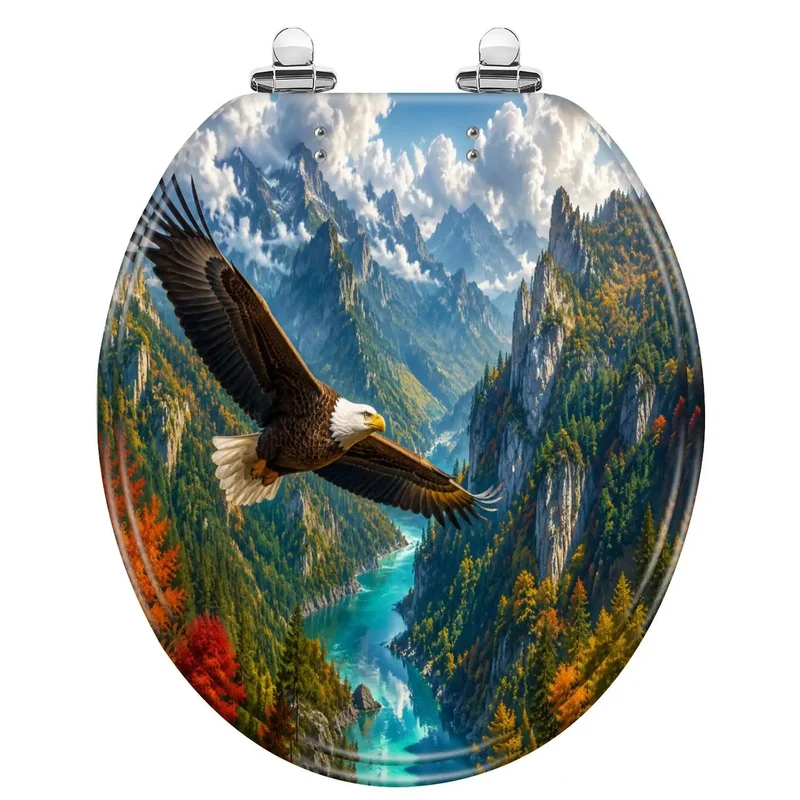 Round Majestic Bald Eagle Soaring Over Scenic Mountain Valley Toilet Seat Built Tough From Heavy Duty Resin With Silent Soft Close Hinges That Drop No Drama Inside