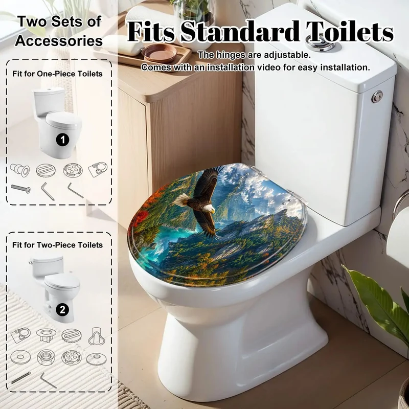 Round Majestic Bald Eagle Soaring Over Scenic Mountain Valley Toilet Seat Built Tough From Heavy Duty Resin With Silent Soft Close Hinges That Drop No Drama Inside