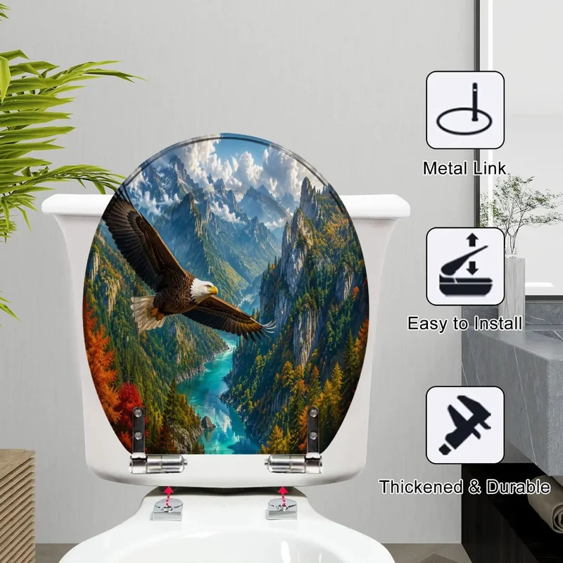 Round Majestic Bald Eagle Soaring Over Scenic Mountain Valley Toilet Seat Built Tough From Heavy Duty Resin With Silent Soft Close Hinges That Drop No Drama Inside